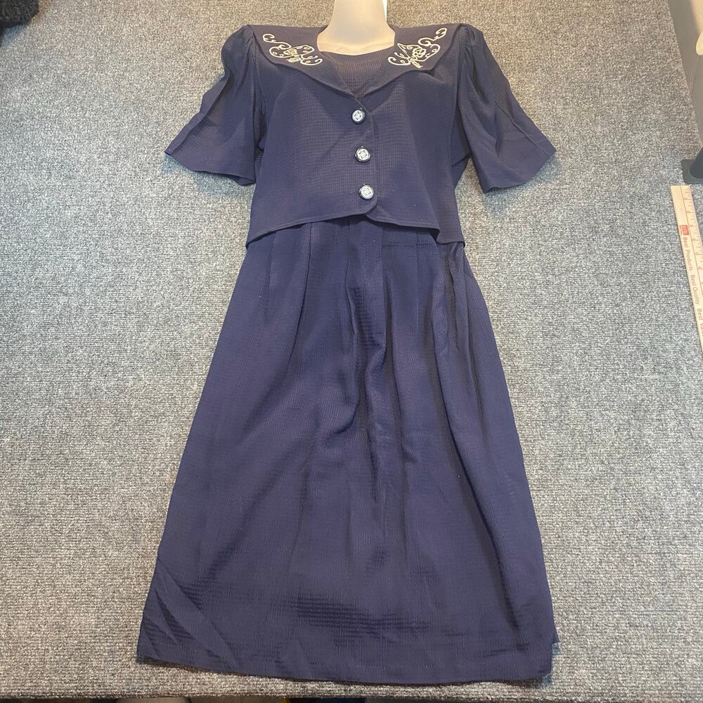 Vintage Retro 90s JBS Dress Navy Blue Nautical Modest Church Sailor Collar Sz 8